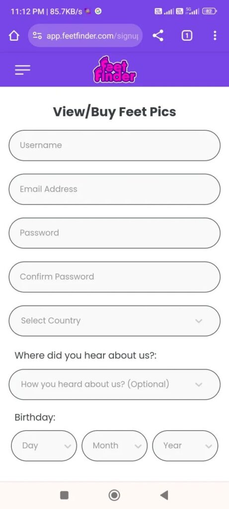 feetfinder Sign up page